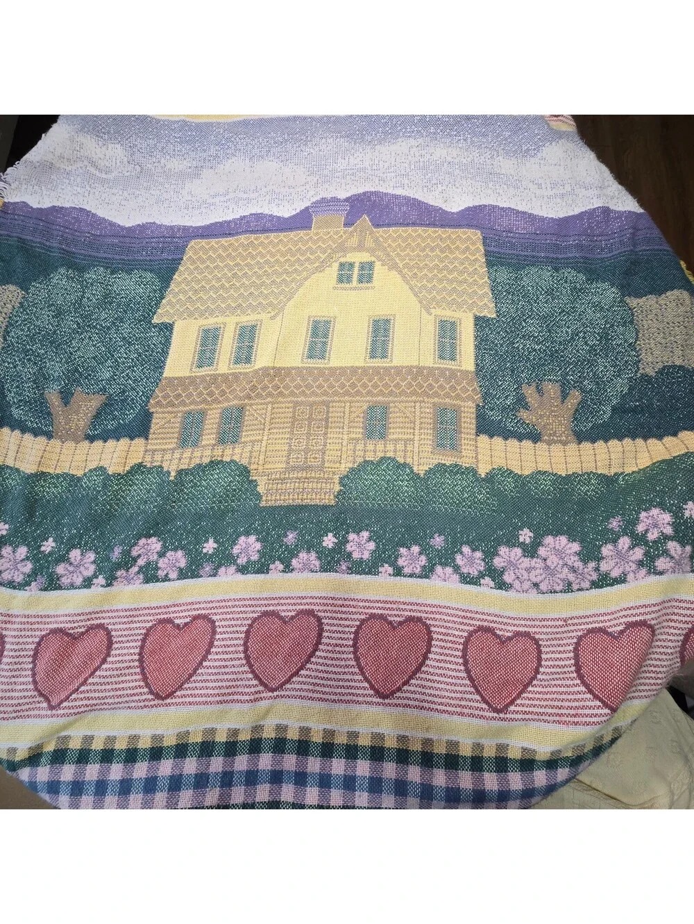 Vintage 90s Woven Cotton Tapestry Blanket Cottage House Hearts Plaid Fringe